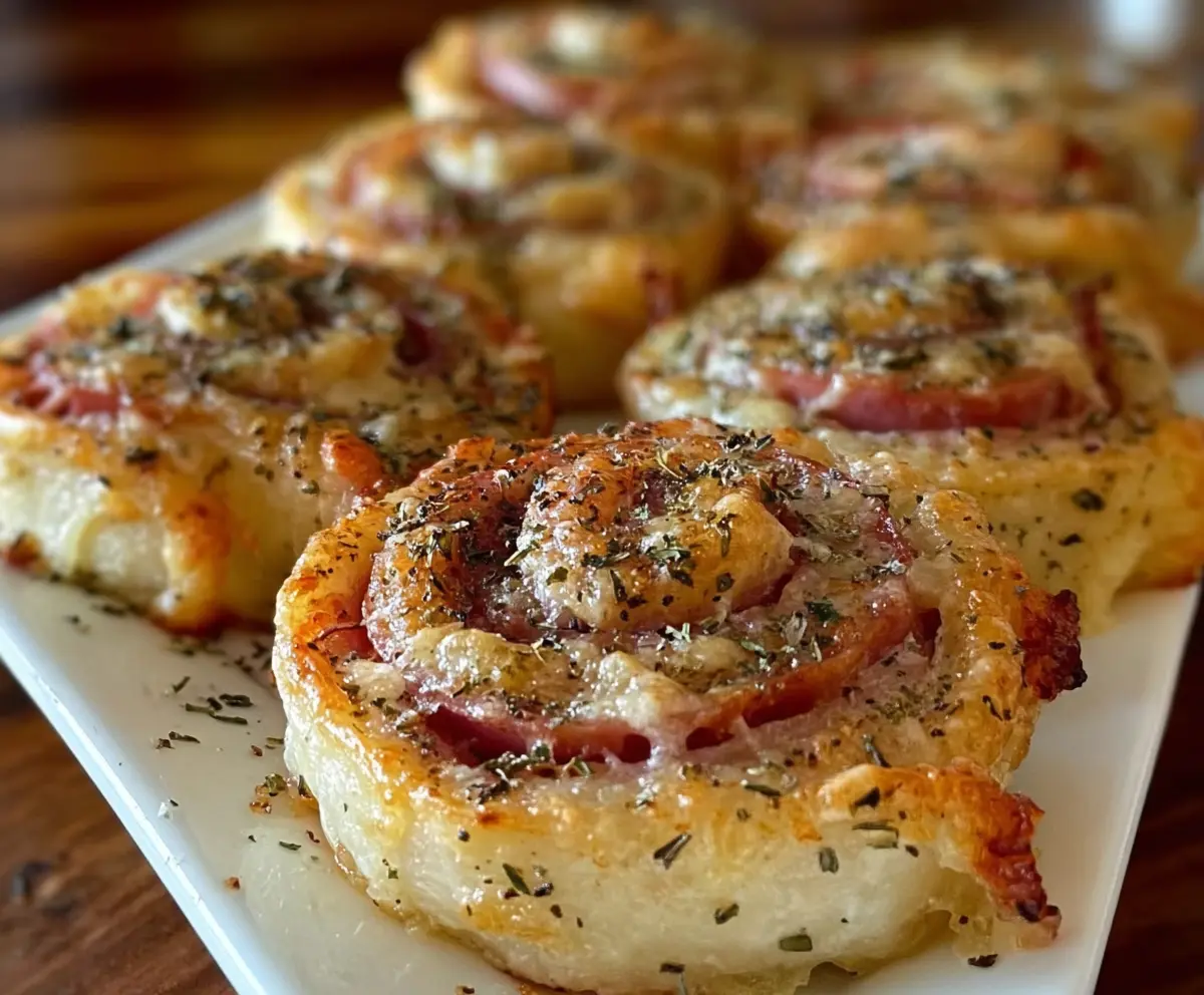 Delicious savory ham and cheese pinwheels fresh out of the oven, perfect for appetizers or snacks.
