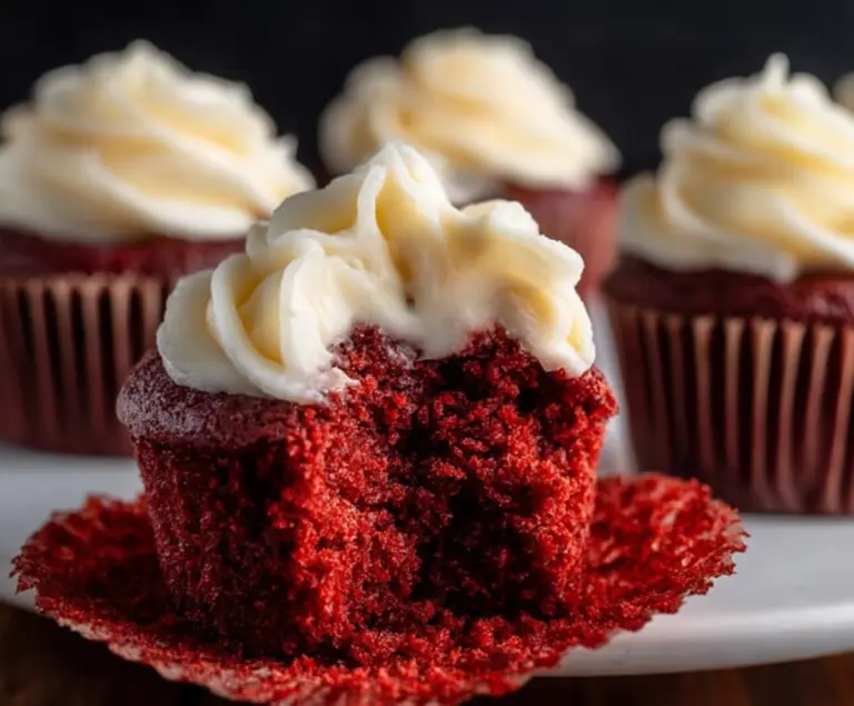 Delicious small batch red velvet cupcakes with cream cheese frosting on a decorative plate.