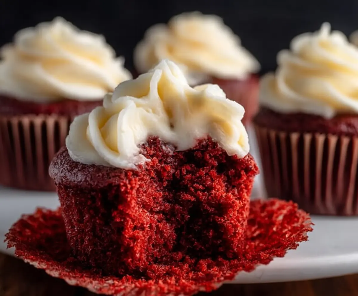 Delicious small batch red velvet cupcakes with cream cheese frosting on a decorative plate.