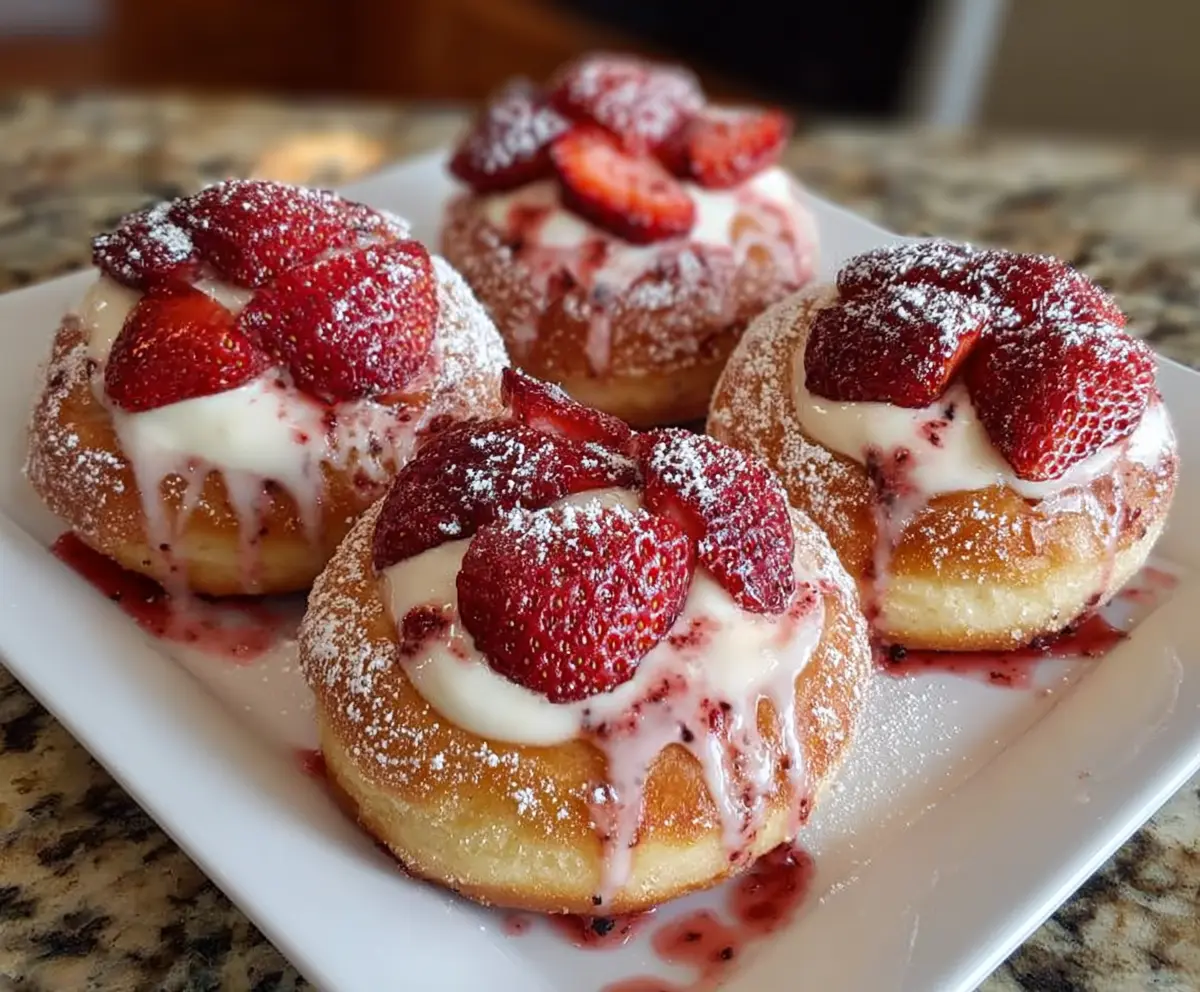 Delicious strawberry cheesecake stuffed donuts with creamy filling and fresh strawberries on top.