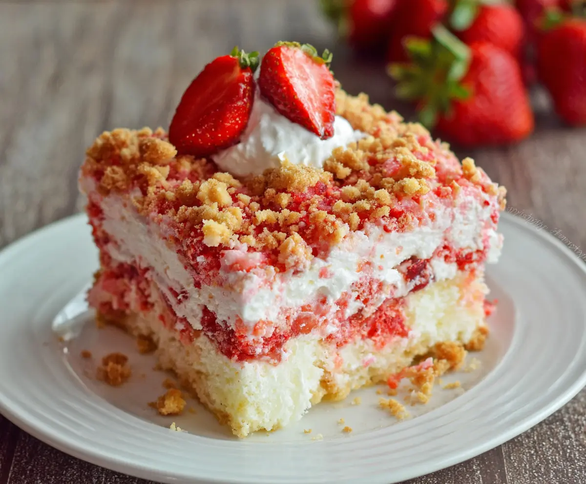 Strawberry Crunch Poke Cake