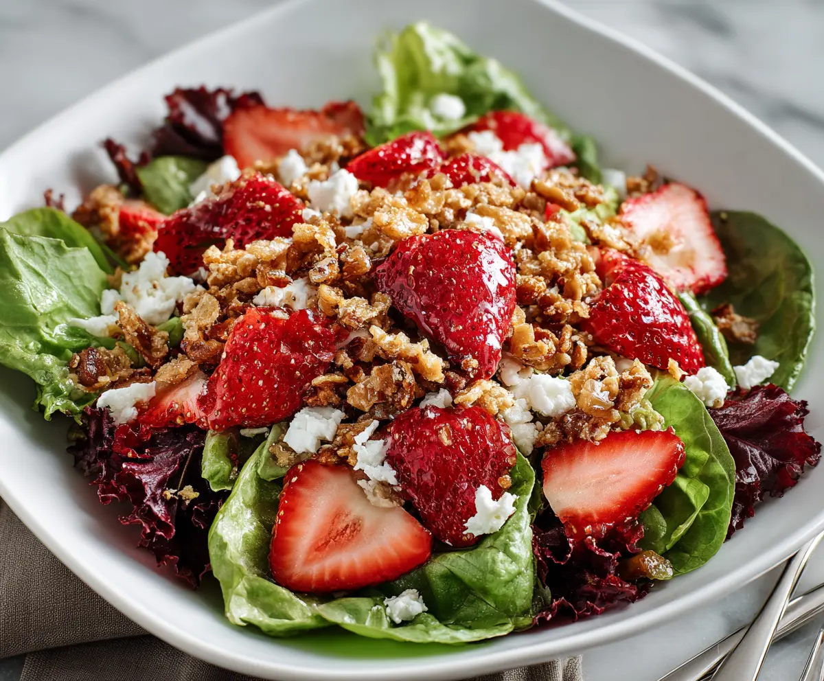 Fresh strawberry crunch salad with colorful toppings and creamy dressing, perfect for a healthy dessert or snack.