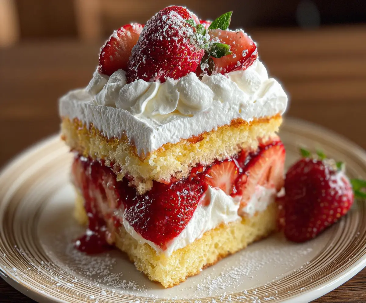 Delicious strawberry shortcake with fresh strawberries, whipped cream, and layers of moist cake.