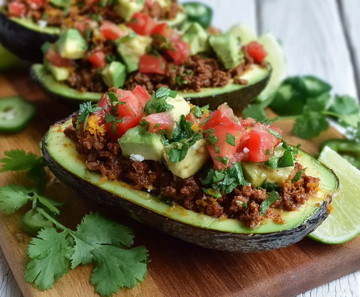Delicious stuffed avocado taco boats filled with colorful ingredients and fresh toppings