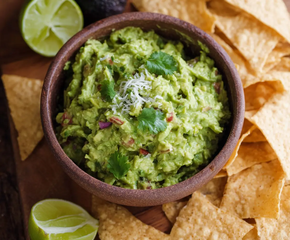 Creamy homemade guacamole with ripe avocados, tomatoes, and cilantro served in a bowl.