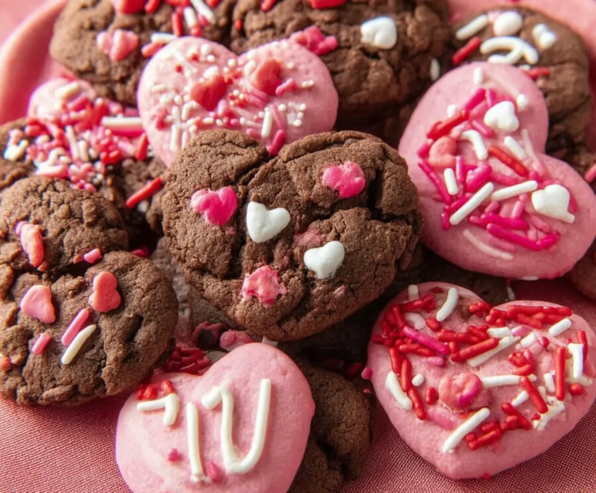 Decorative Valentine cookies with red and pink icing and heart-shaped designs for a romantic treat.