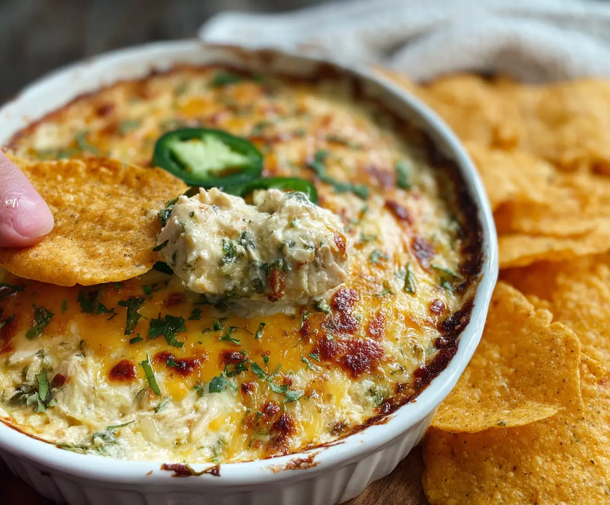Delicious Baked Chuy's Jalapeno Chicken Dip with melted cheese and spicy jalapenos
