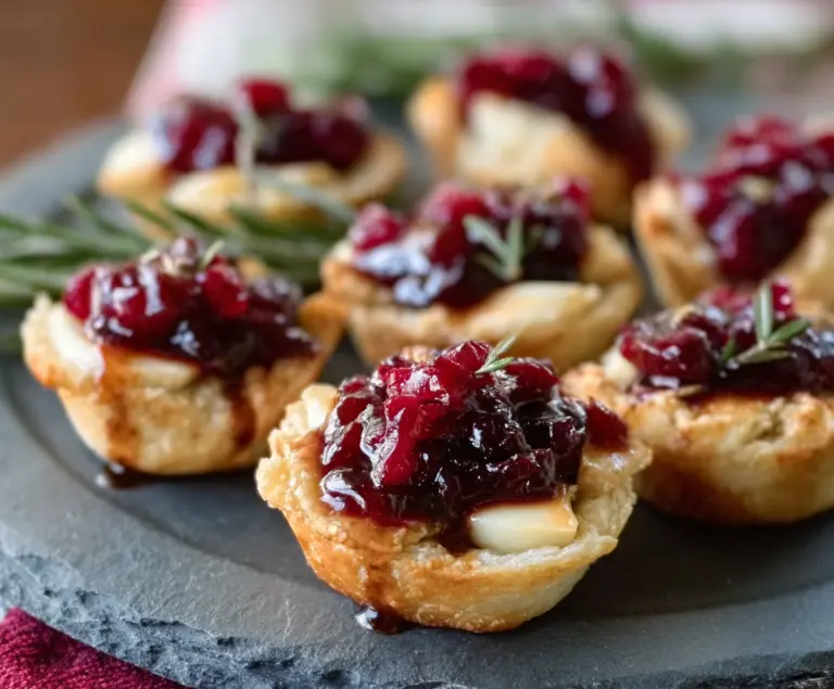 Delicious Balsamic Cranberry Brie Bites on a white platter, garnished with fresh herbs.