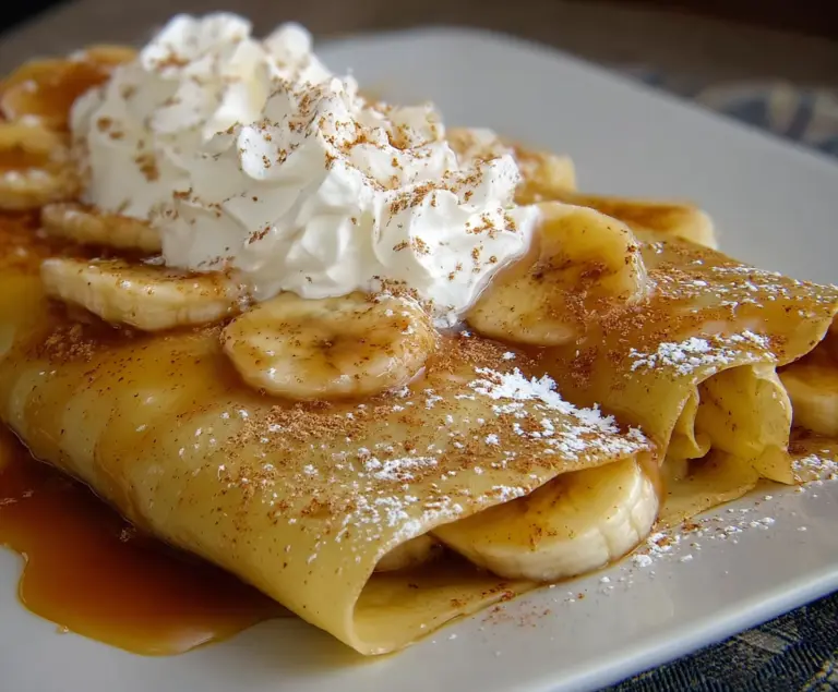 Delicious banana crepes topped with fresh banana slices and powdered sugar, perfect for breakfast or brunch.