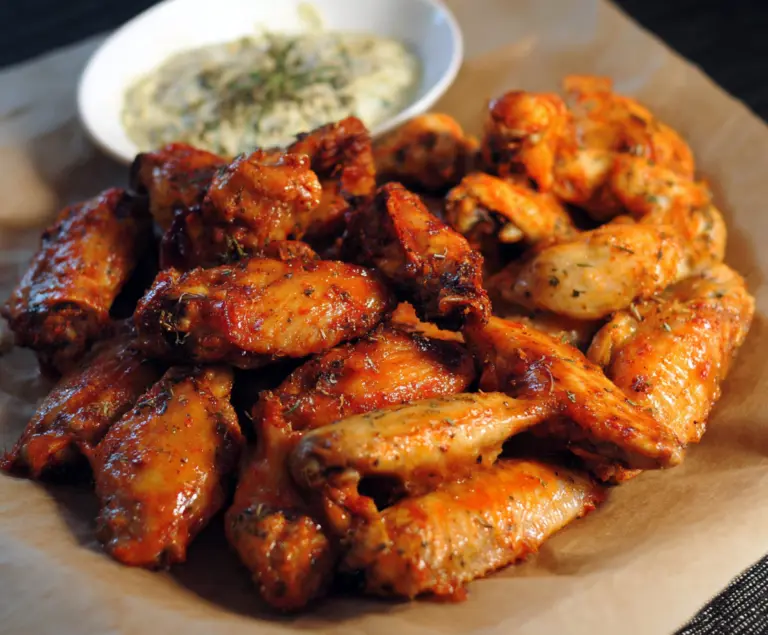 Delicious crispy Buffalo wings covered in spicy sauce on a white plate