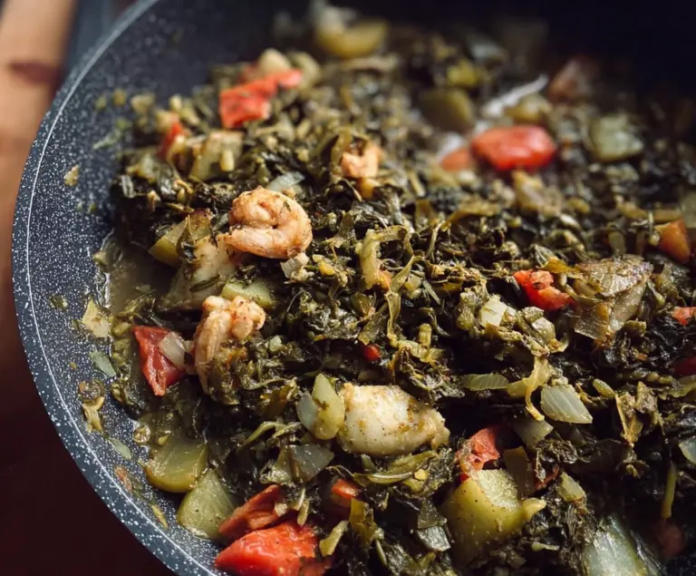 Delicious Callaloo and Saltfish served on a plate, showcasing fresh greens and seasoned fish.