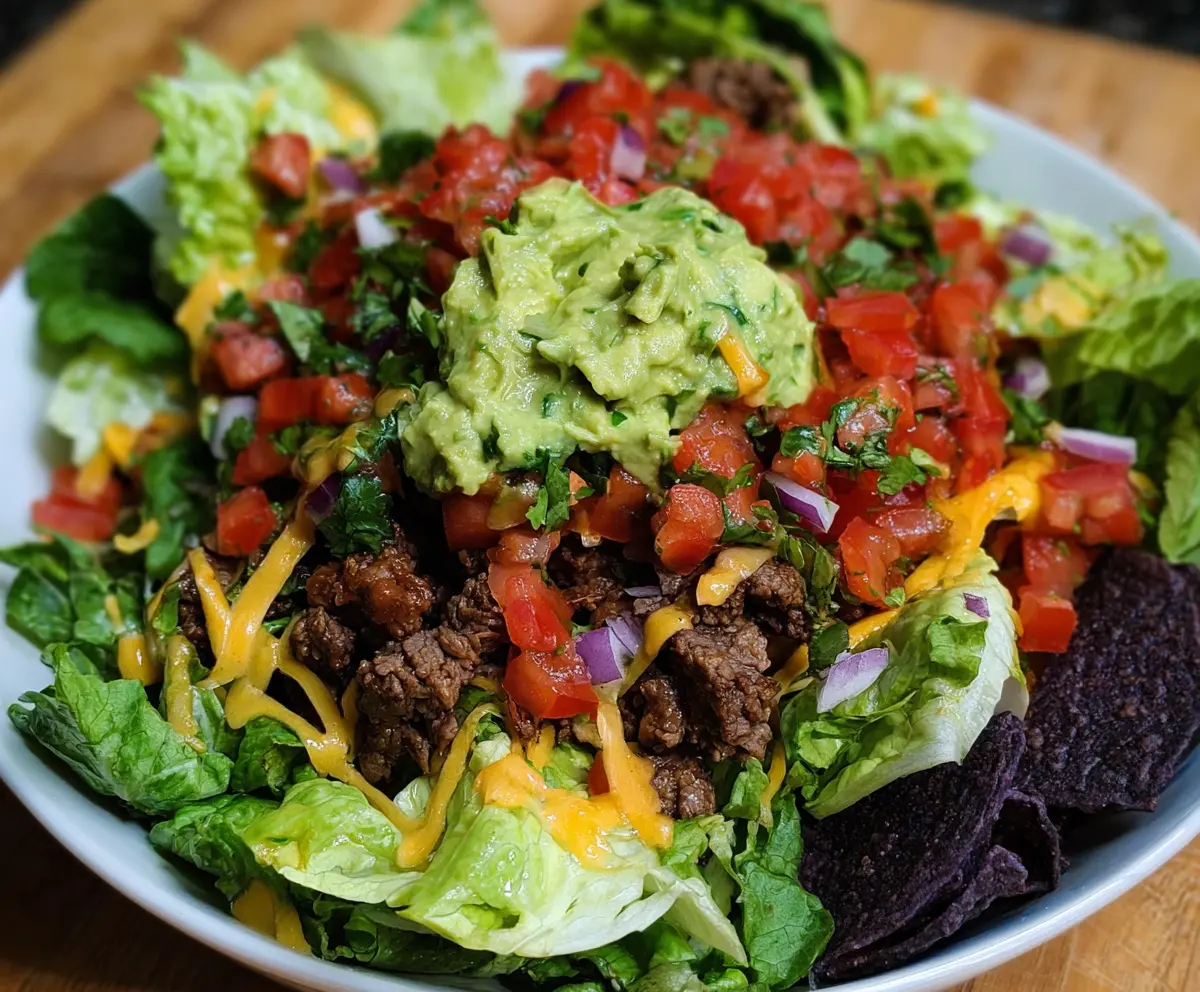 Colorful Cinco De Mayo Taco Salad with fresh vegetables and seasoned meat in a vibrant bowl.