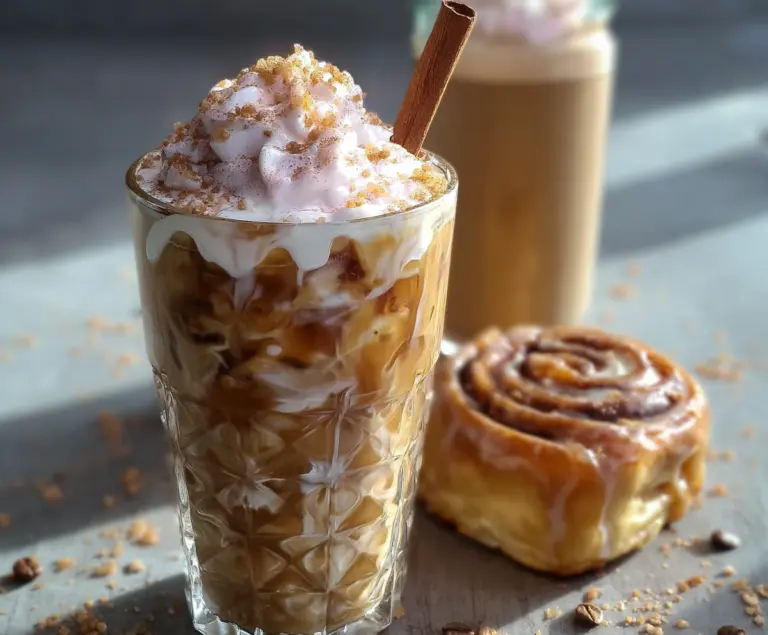 Creamy Cinnamon Roll Cold Brew Bliss served in a glass with whipped cream and cinnamon sprinkle.