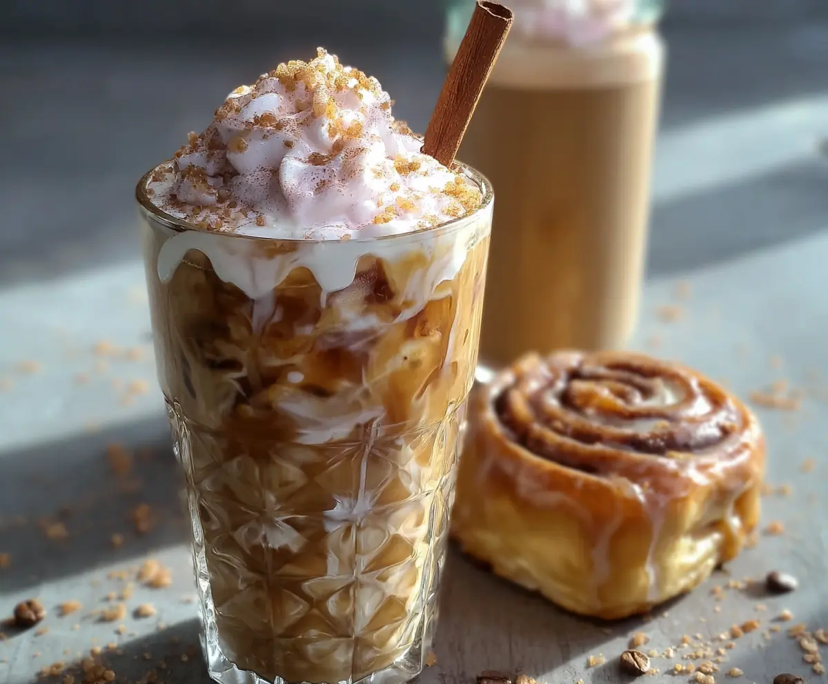 Creamy Cinnamon Roll Cold Brew Bliss served in a glass with whipped cream and cinnamon sprinkle.