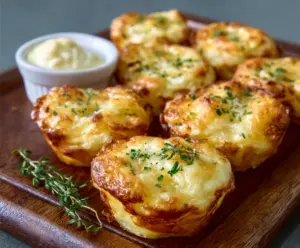 Golden and crispy Creamy Potato Puffs filled with melted cheese, served as a delicious appetizer.