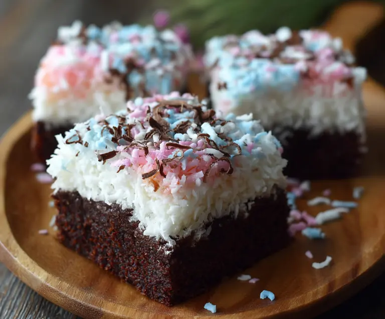 Delicious Sno Ball Brownies topped with fluffy marshmallow and coconut for a sweet treat.