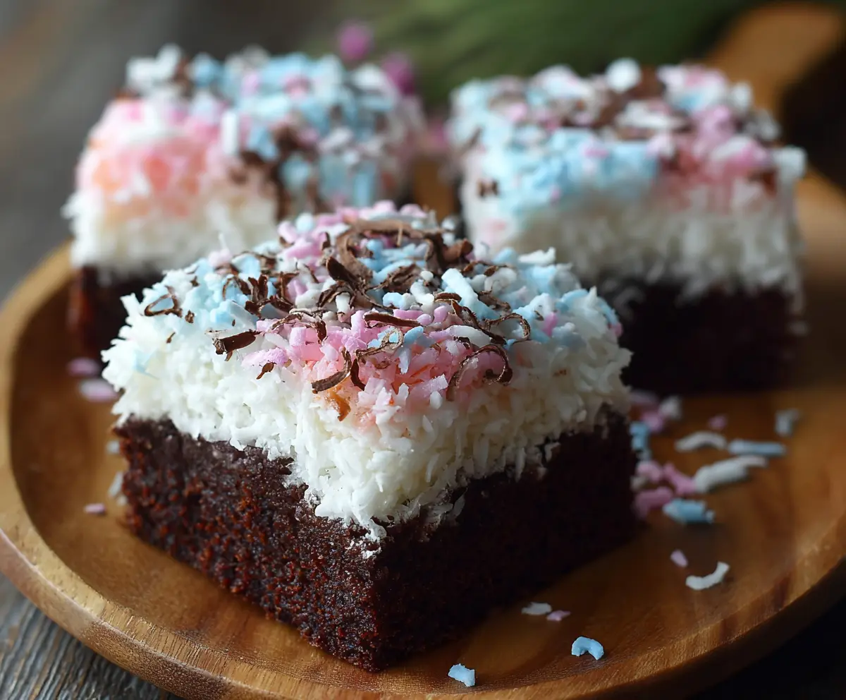 Delicious Sno Ball Brownies topped with fluffy marshmallow and coconut for a sweet treat.