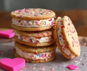 Colorful funfetti cheesecake sandwich cookies with creamy filling on a white platter, perfect for celebrations.