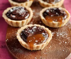Delicious gluten-free dark chocolate caramel tarts on a plate, perfect for dessert lovers.