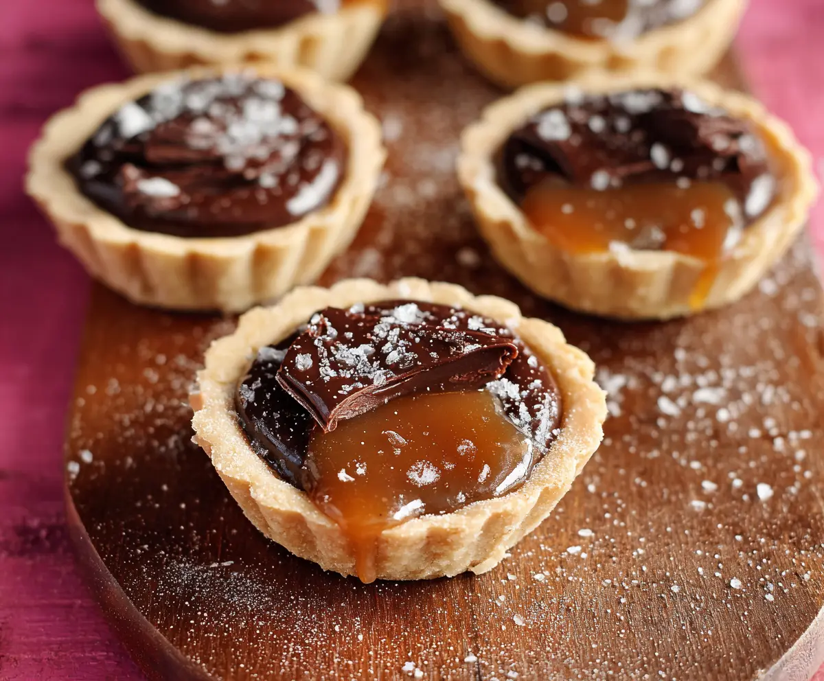 Delicious gluten-free dark chocolate caramel tarts on a plate, perfect for dessert lovers.