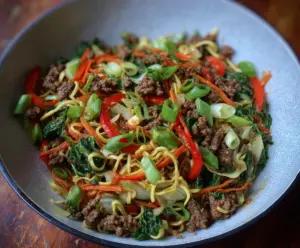 Ground Beef Chow Mein served in a bowl with vegetables, perfect for Whole30 diet.