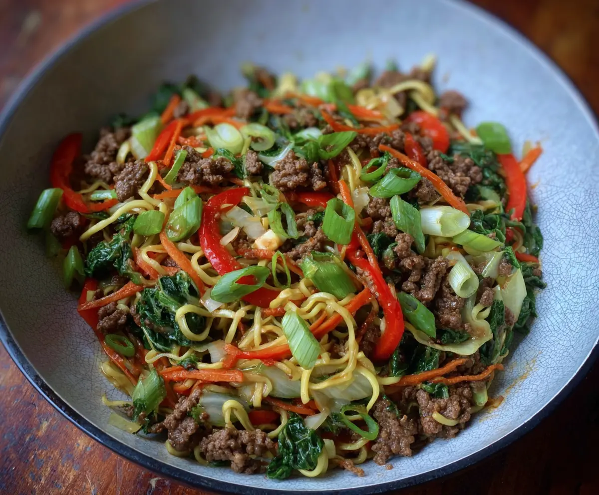 Ground Beef Chow Mein served in a bowl with vegetables, perfect for Whole30 diet.