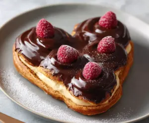 Delicious heart-shaped chocolate éclairs with glossy frosting and creamy filling on a elegant plate.