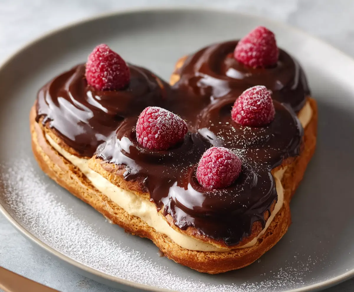 Delicious heart-shaped chocolate éclairs with glossy frosting and creamy filling on a elegant plate.