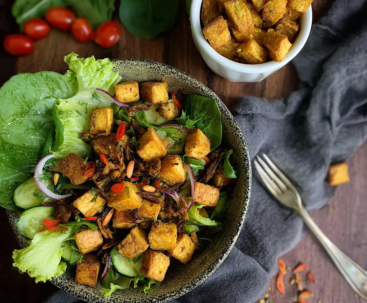 Crispy herby plantain croutons seasoned with fresh herbs for salads and snacks.