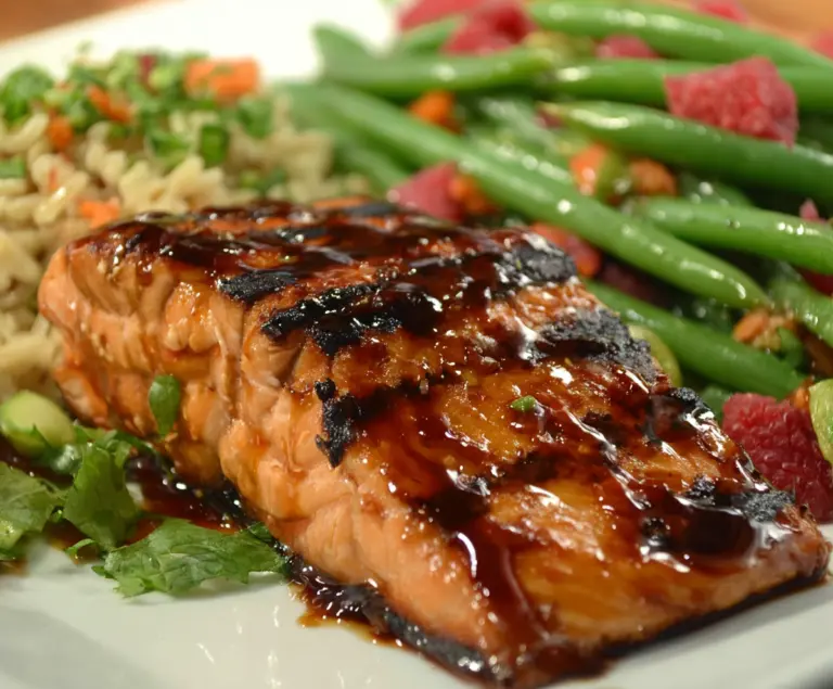 Delicious Hoisin-glazed salmon served with a side of fresh vegetables on a white plate.