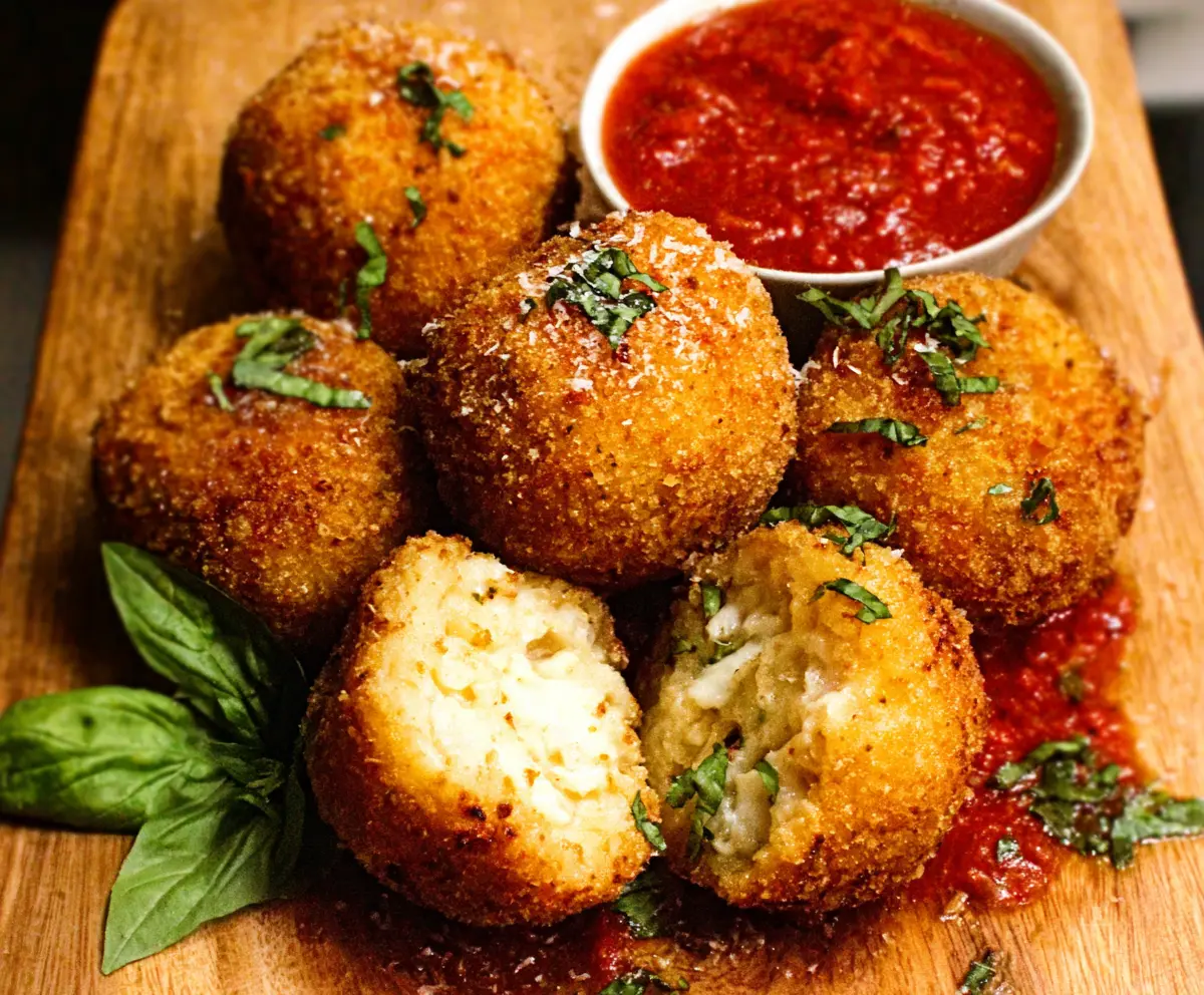 Delicious Italian rice balls with melted cheese and herbs on a plate.