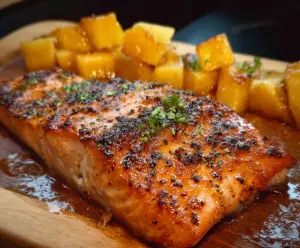 Delicious maple glazed salmon fillet served with lemon and herbs on a rustic plate