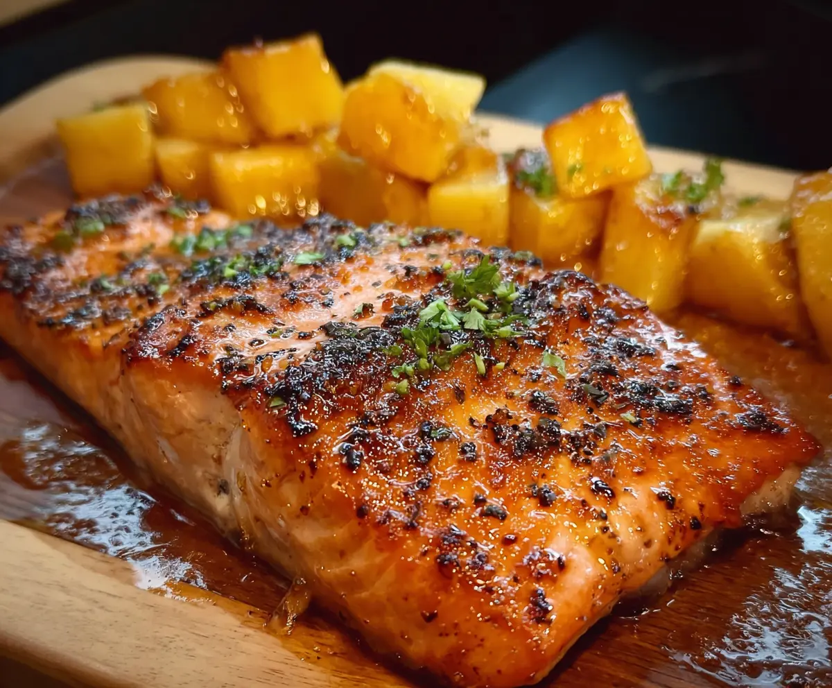 Delicious maple glazed salmon fillet served with lemon and herbs on a rustic plate
