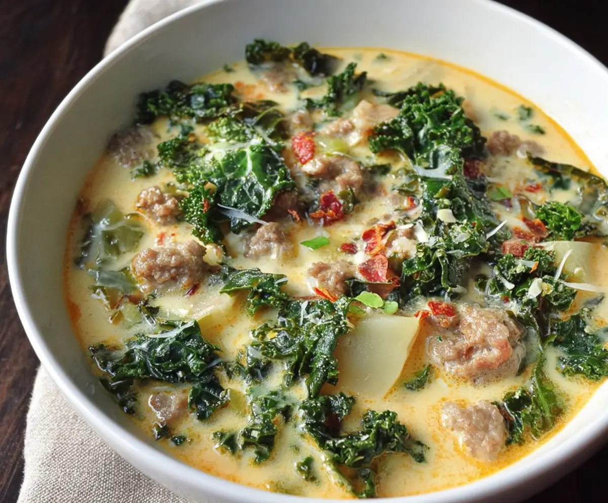 Paleo creamy sausage and kale soup in a bowl with fresh herbs