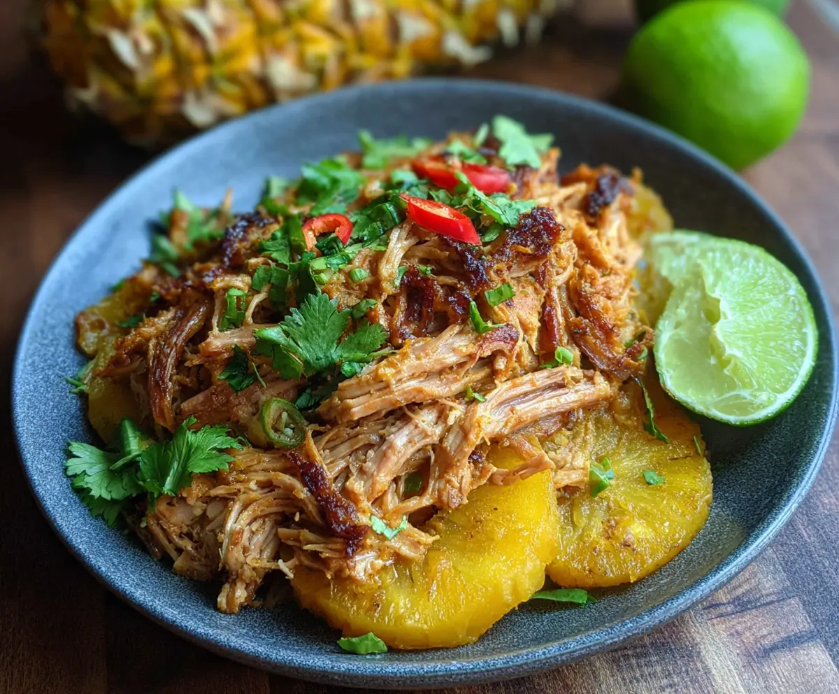 Delicious Pineapple Thai Pulled Pork served with fresh herbs and colorful vegetables.