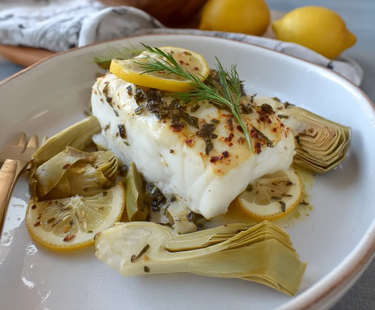 Roasted Halibut With Artichokes And Lemon