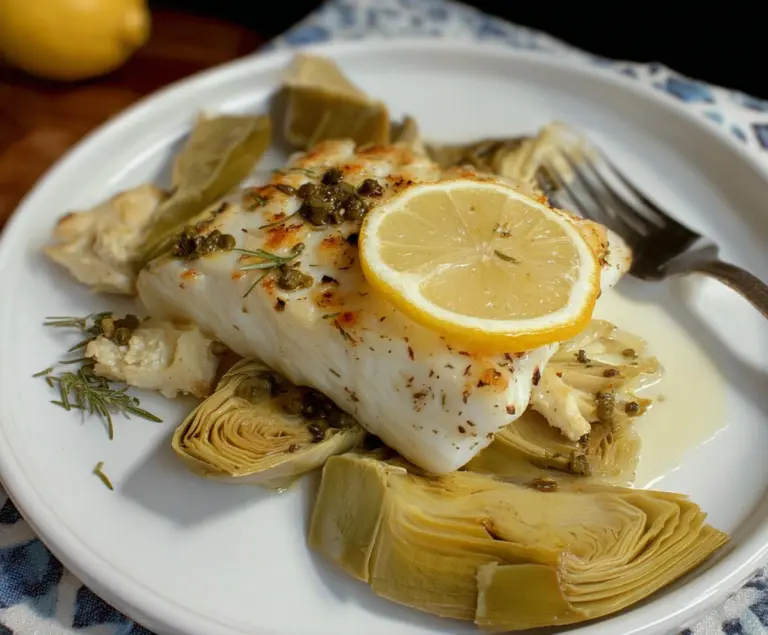 Delicious roasted halibut with artichokes and lemon on a white plate, garnished with fresh herbs.