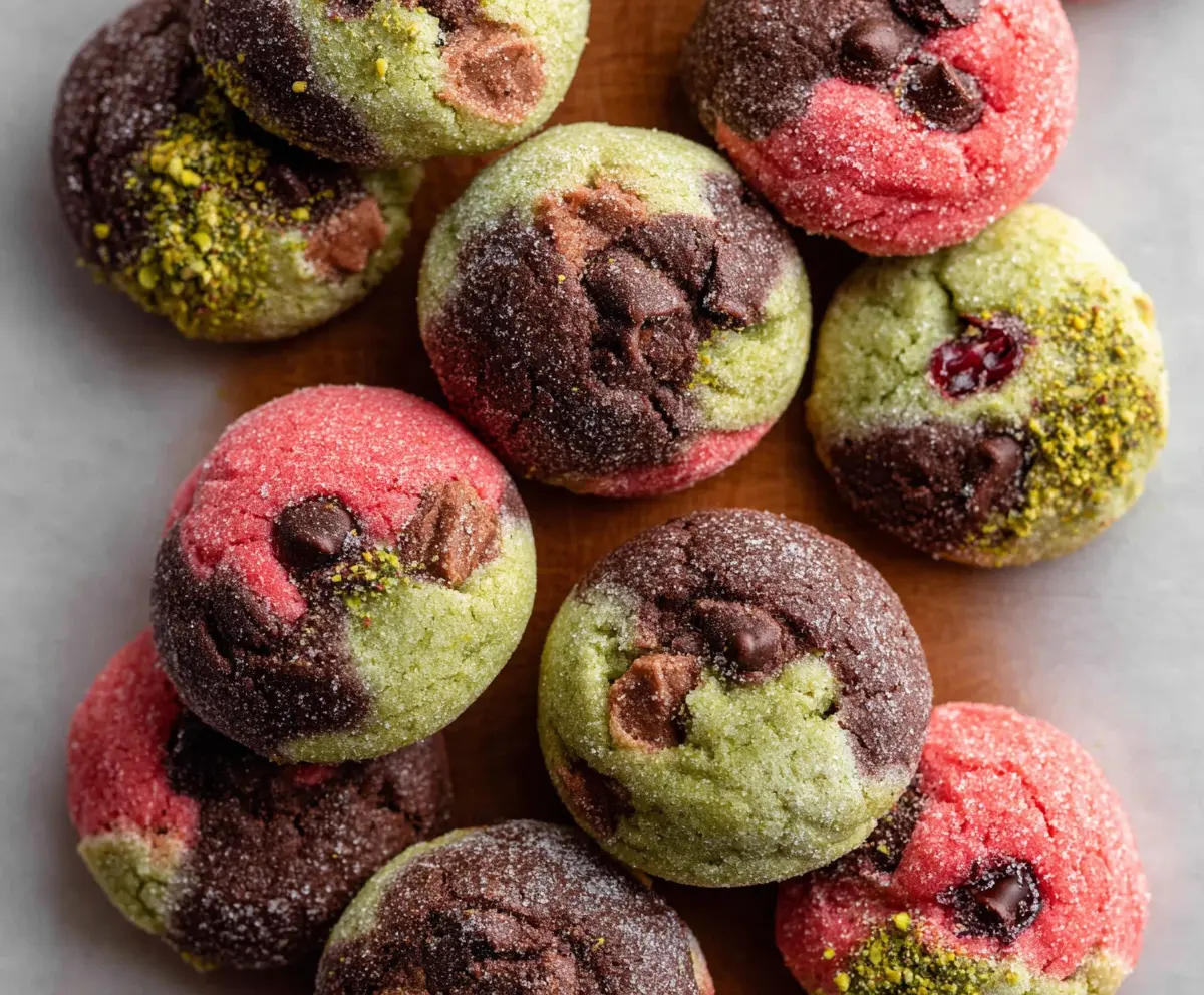 Delicious Spumoni Cookies with Cherry, Pistachio, and Chocolate flavors on a plate.
