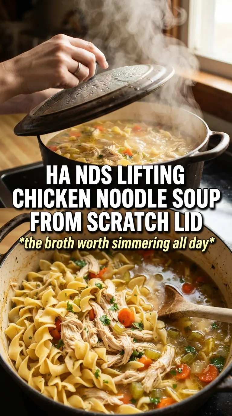Chicken noodle soup from scratch, golden broth, homemade, hearty